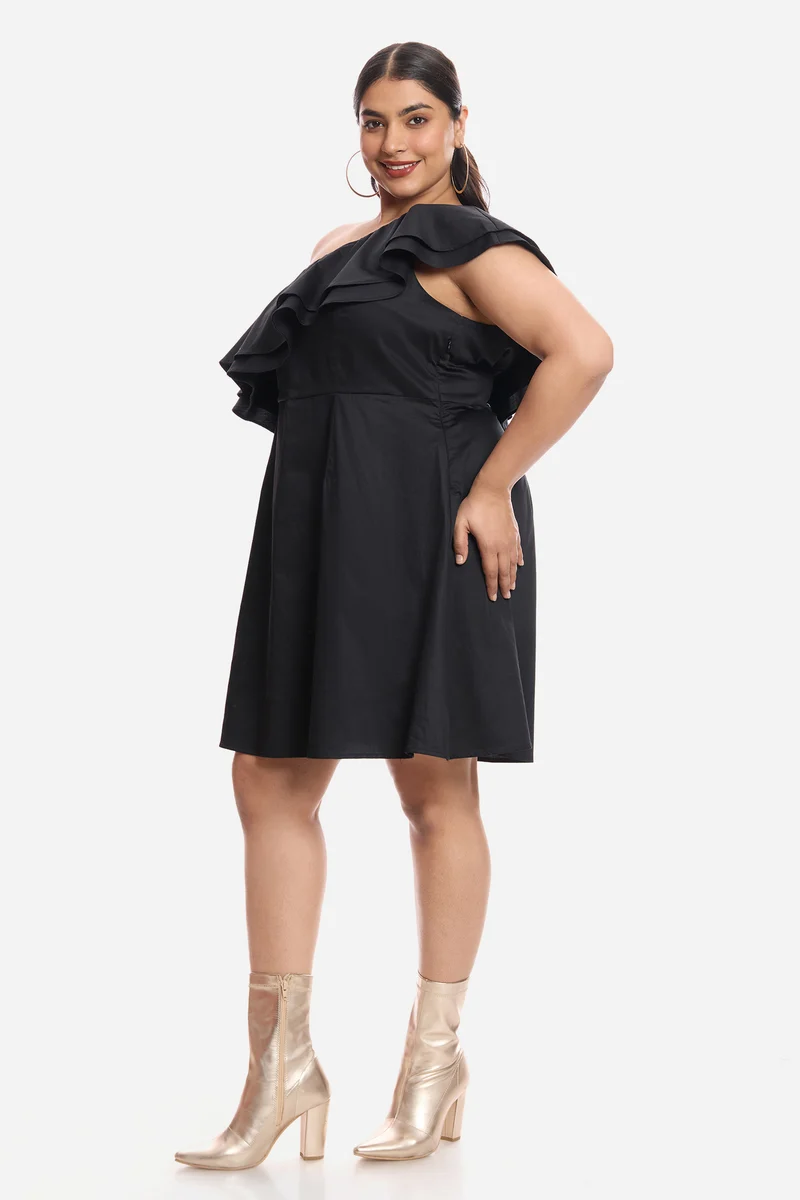 Aneli|Cotton One Shoulder Mini Dress With Ruffles
