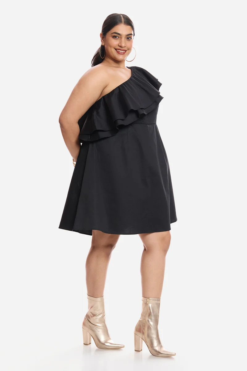 Aneli|Cotton One Shoulder Mini Dress With Ruffles