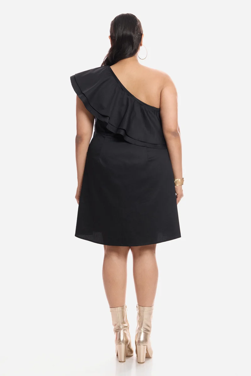 Aneli|Cotton One Shoulder Mini Dress With Ruffles
