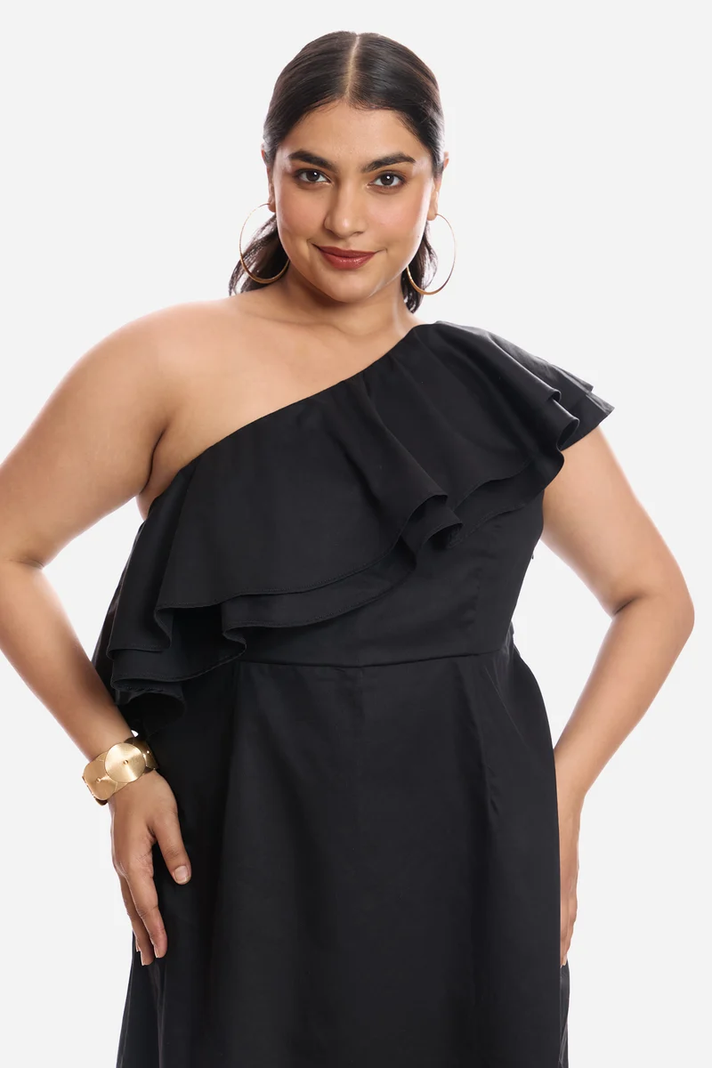 Aneli|Cotton One Shoulder Mini Dress With Ruffles