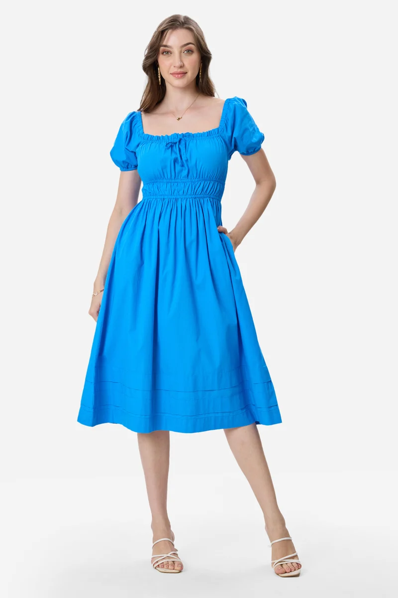 Damla|100% Cotton Puff Sleeves Midi Dress