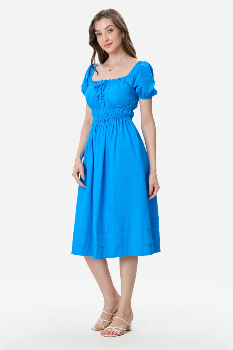 Damla|100% Cotton Puff Sleeves Midi Dress