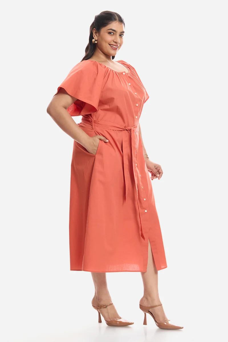 Areen|Cotton Midi Dress With Extended Sleeves
