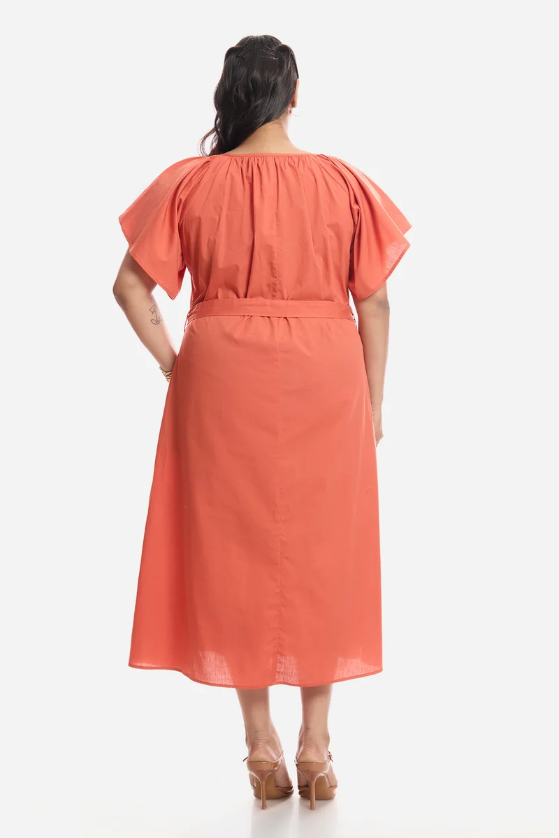 Areen|Cotton Midi Dress With Extended Sleeves