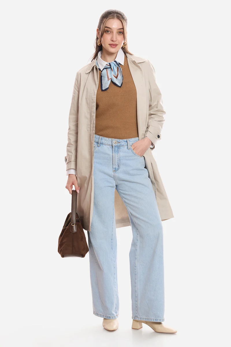Jean|100% Cotton Shirt Collared Trench Coat