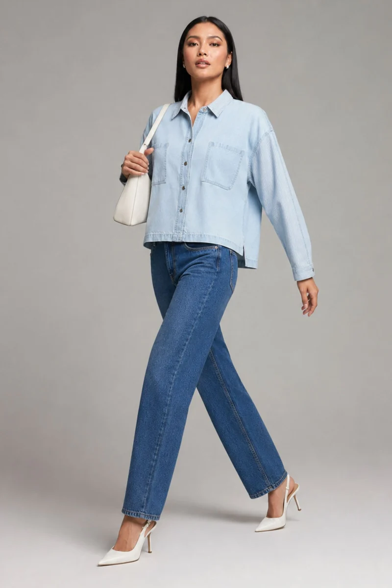 Lorina|100% Cotton Denim Mix Dolman Shirt