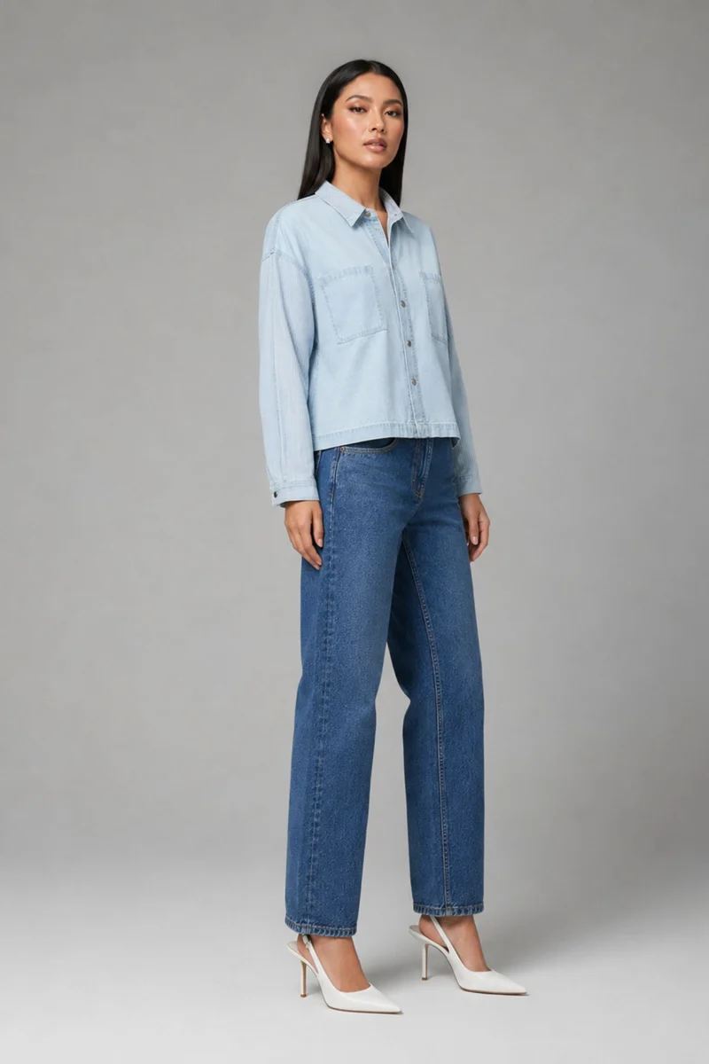 Lorina|100% Cotton Denim Mix Dolman Shirt