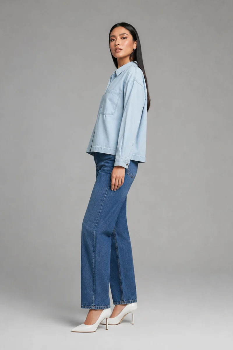 Lorina|100% Cotton Denim Mix Dolman Shirt