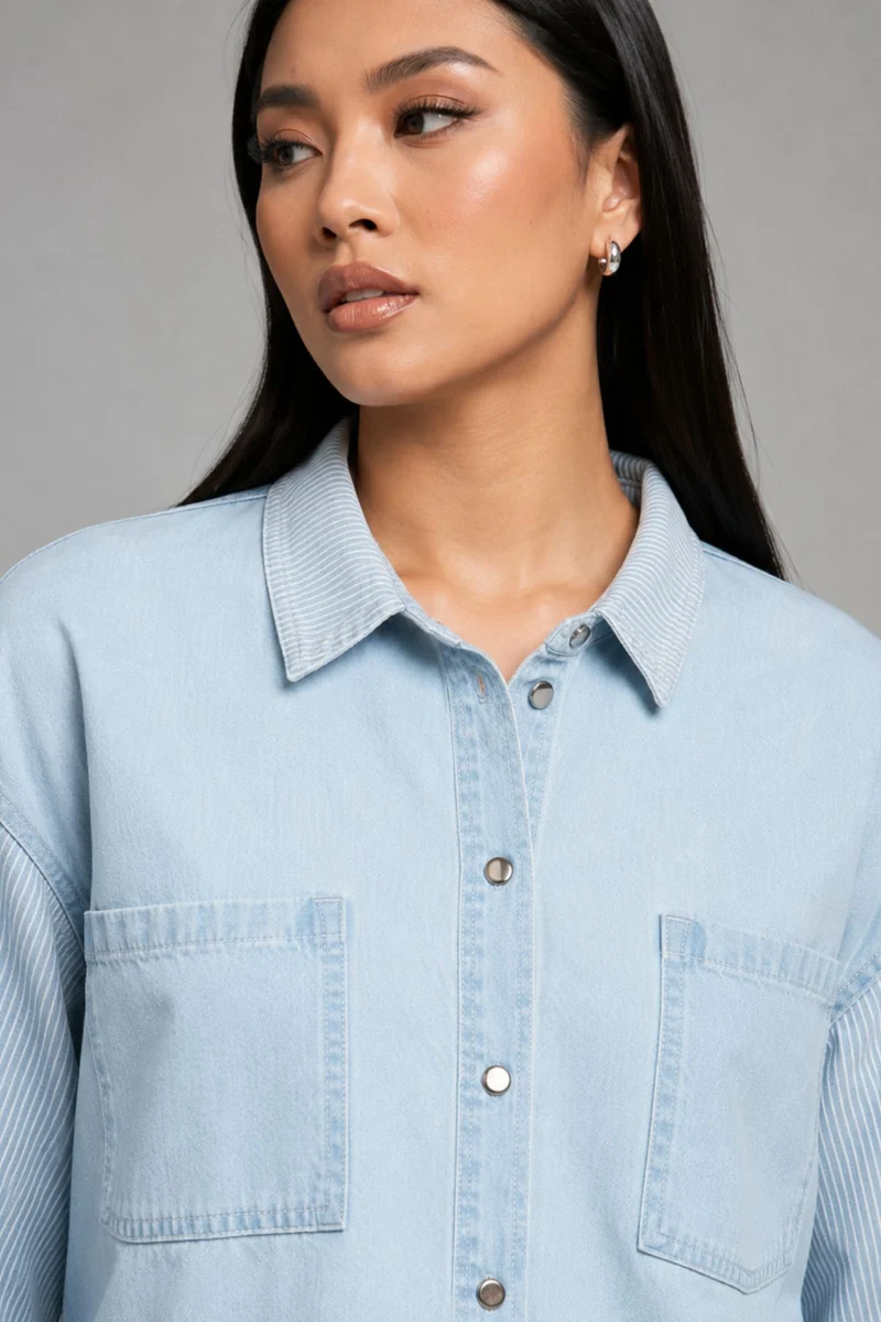 Lorina|100% Cotton Denim Mix Dolman Shirt