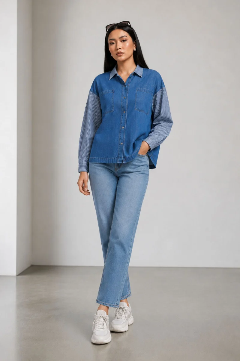 Bonny|100% Cotton Denim Mix Dolman Shirt