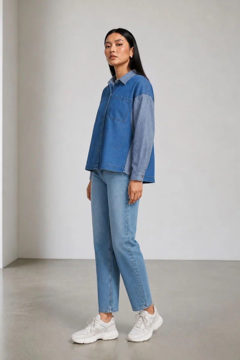 Bonny|100% Cotton Denim Mix Dolman Shirt