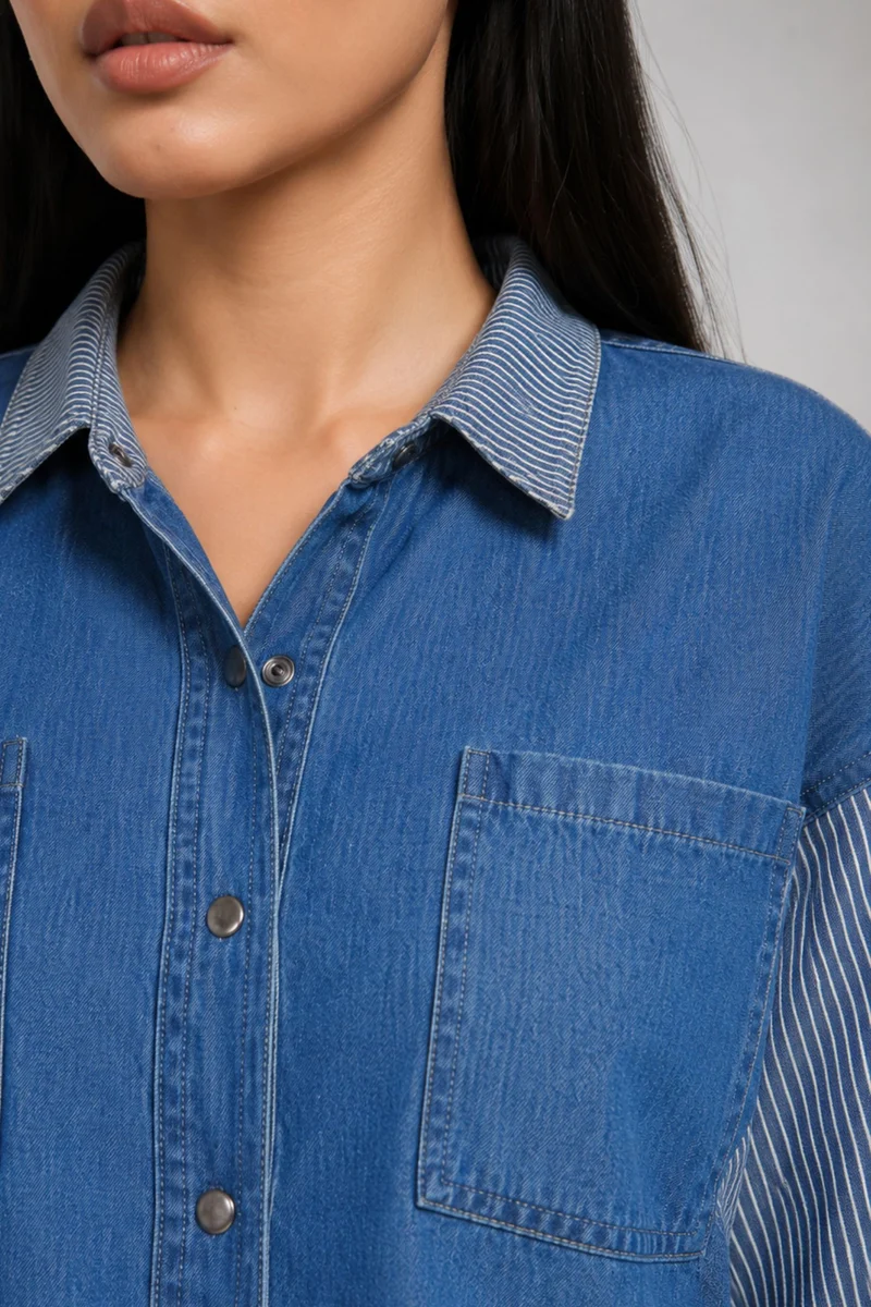 Bonny|100% Cotton Denim Mix Dolman Shirt