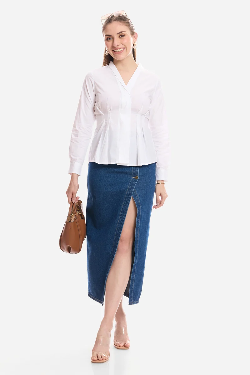 Alim|100% Cotton Pleated Fit & Flare Shirt