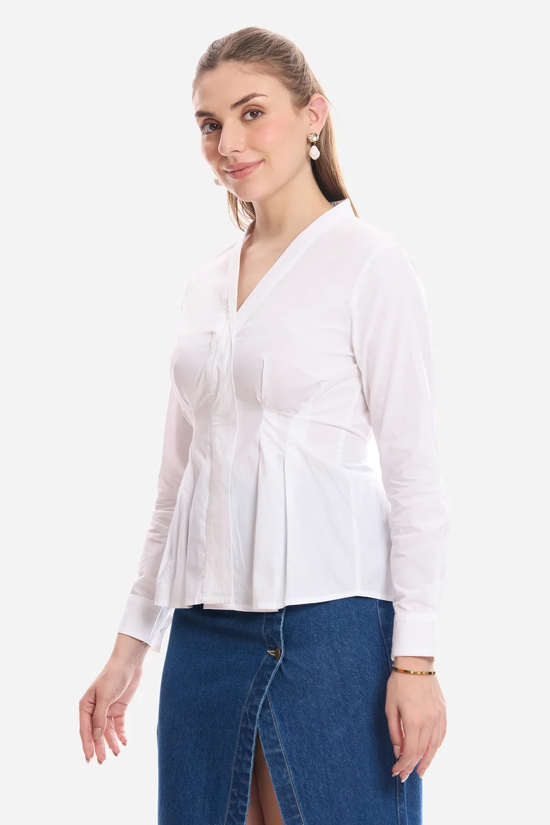 Alim|100% Cotton Pleated Fit & Flare Shirt