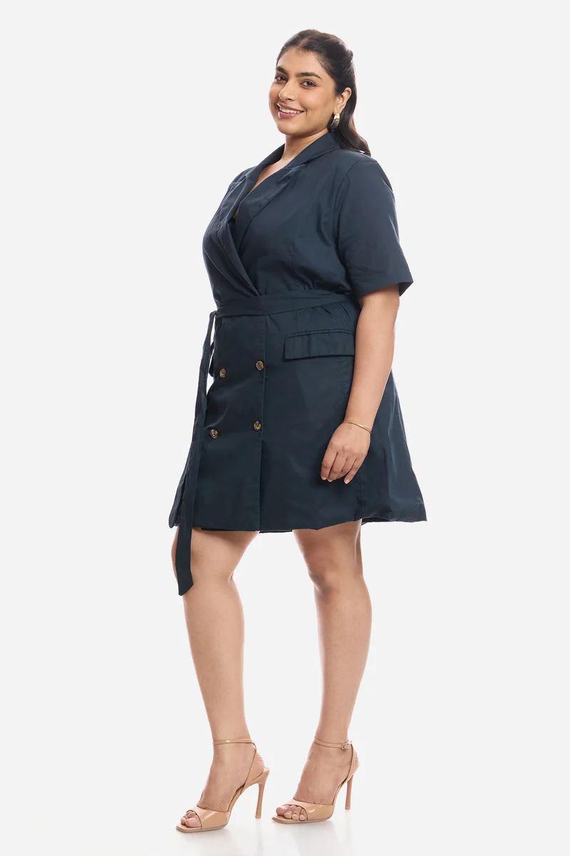 Amora|Cotton Notch Lapel Collar Tie Up Mini Dress