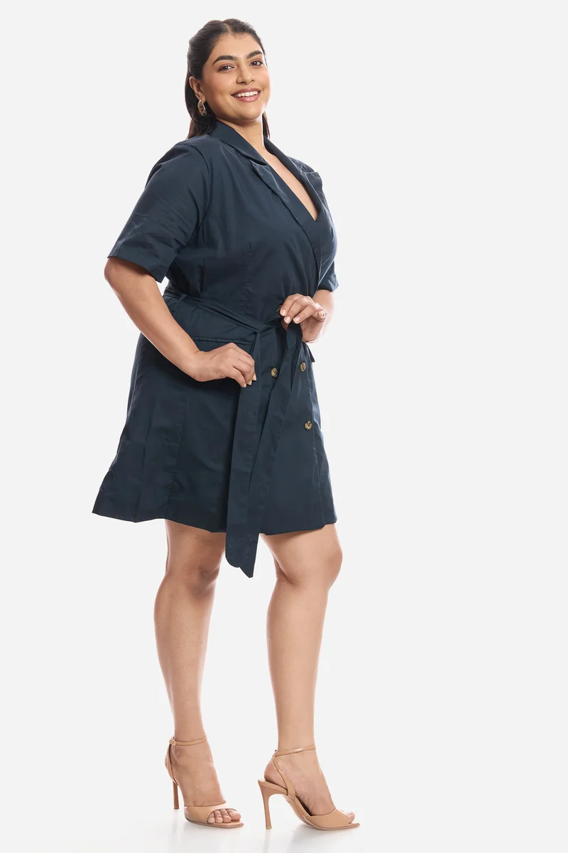 Amora|Cotton Notch Lapel Collar Tie Up Mini Dress