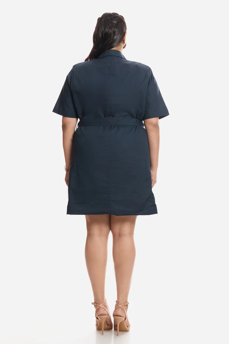 Amora|Cotton Notch Lapel Collar Tie Up Mini Dress