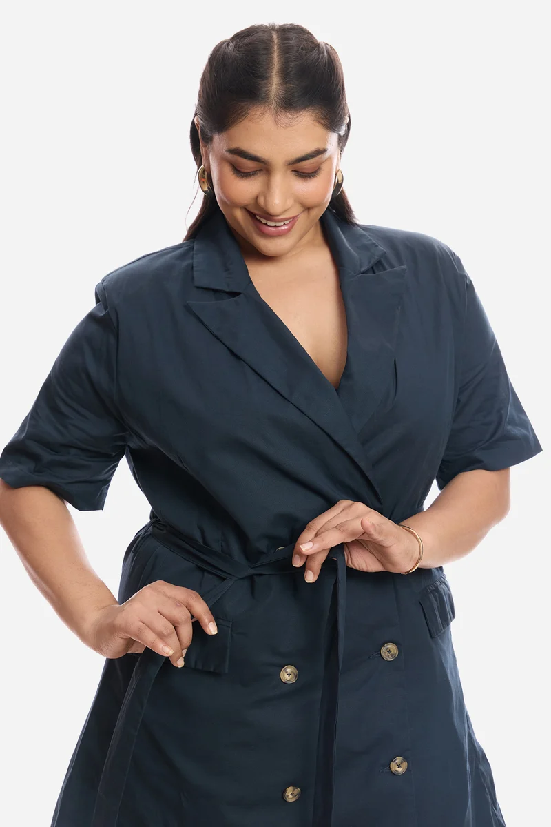 Amora|Cotton Notch Lapel Collar Tie Up Mini Dress
