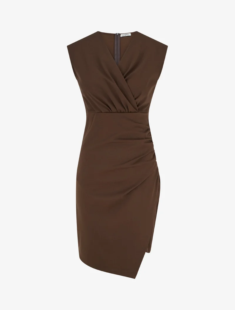 Robe sans manches style portefeuille à effet drapé - Marron