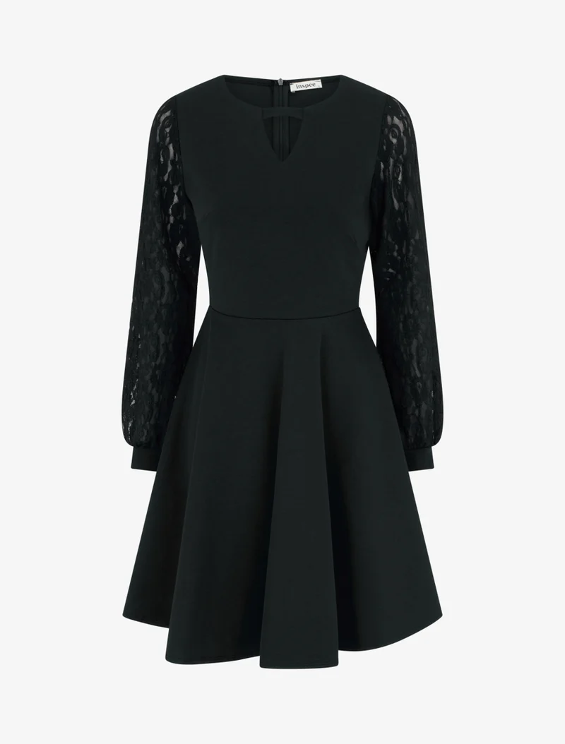 Robe patineuse à manches longues en dentelle - Noir