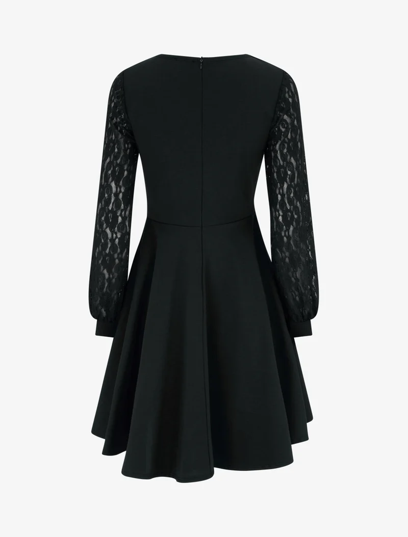 Robe patineuse à manches longues en dentelle - Noir