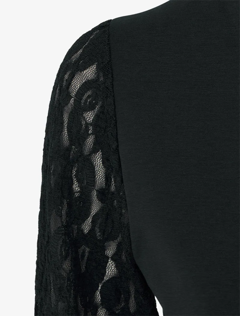 Robe patineuse à manches longues en dentelle - Noir