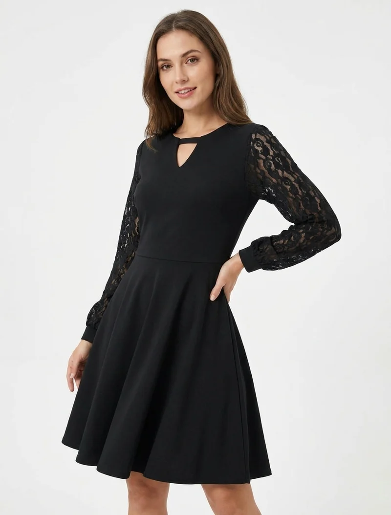 Robe patineuse à manches longues en dentelle - Noir