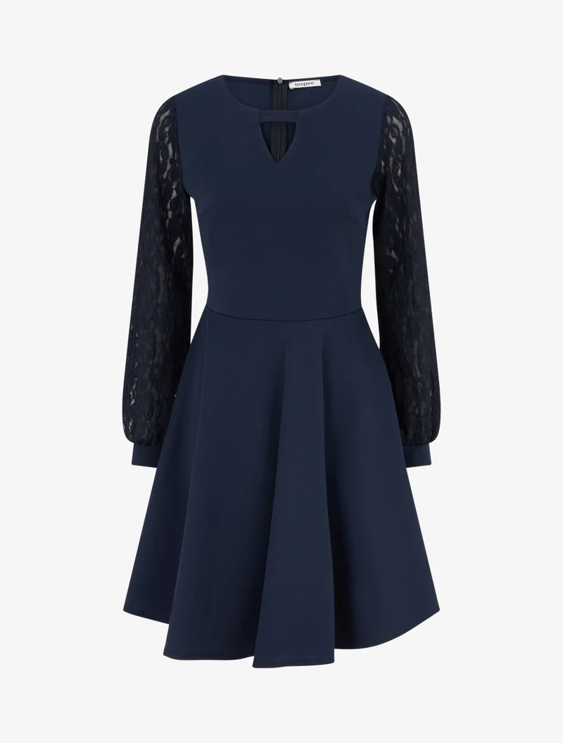 Robe patineuse à manches longues en dentelle - Marine