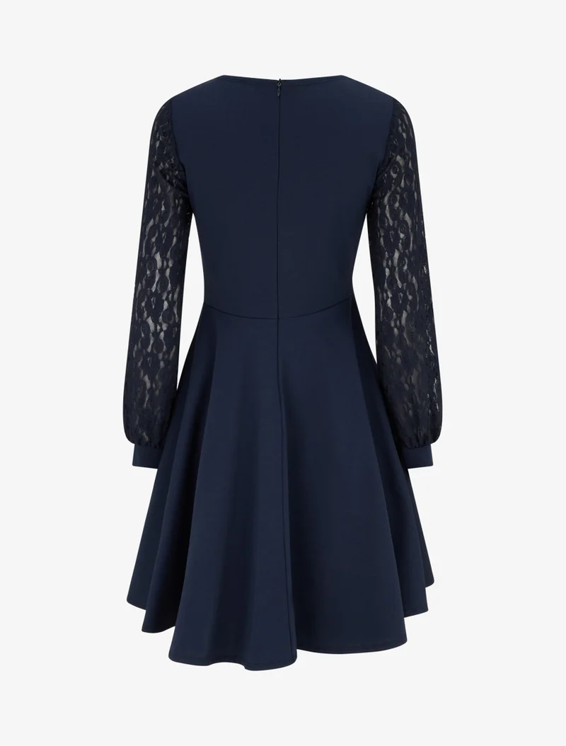Robe patineuse à manches longues en dentelle - Marine