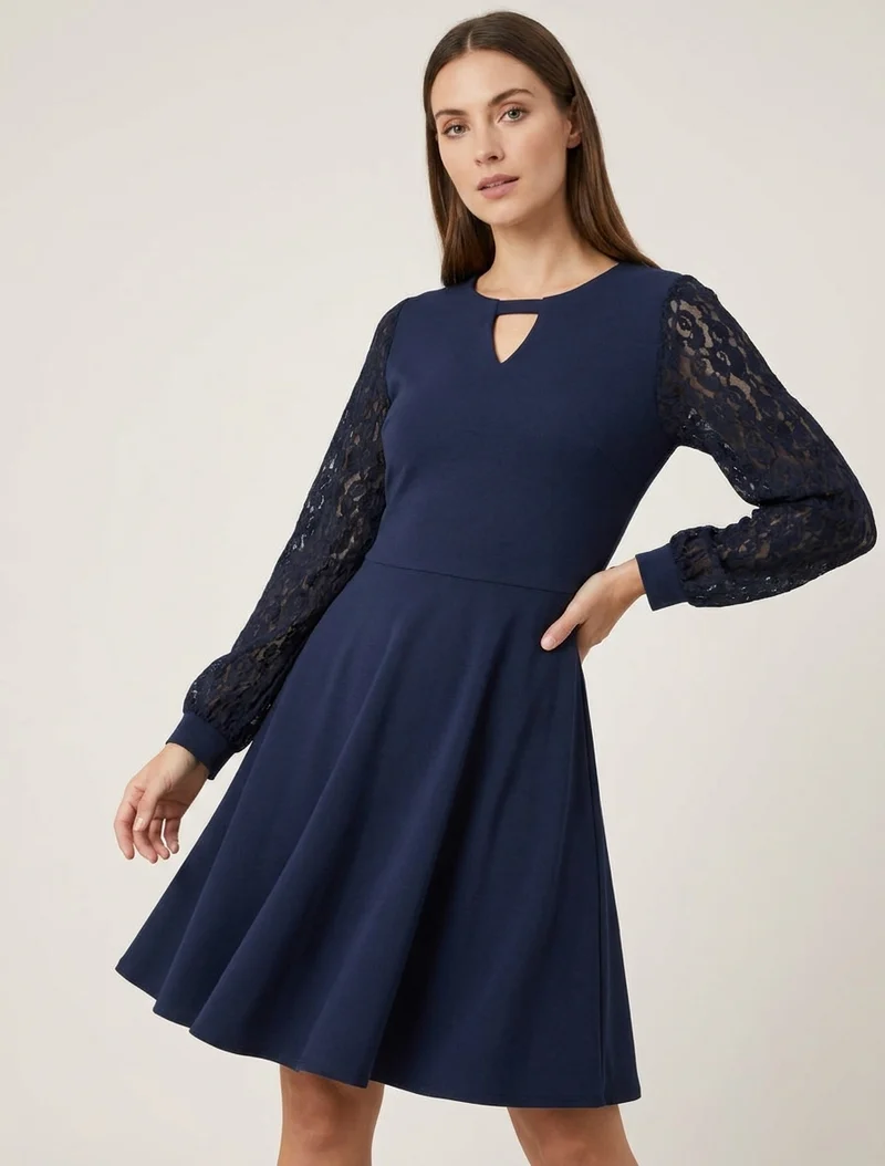 Robe patineuse à manches longues en dentelle - Marine