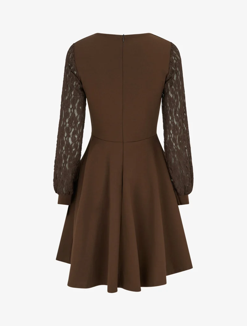 Robe patineuse à manches longues en dentelle - Marron