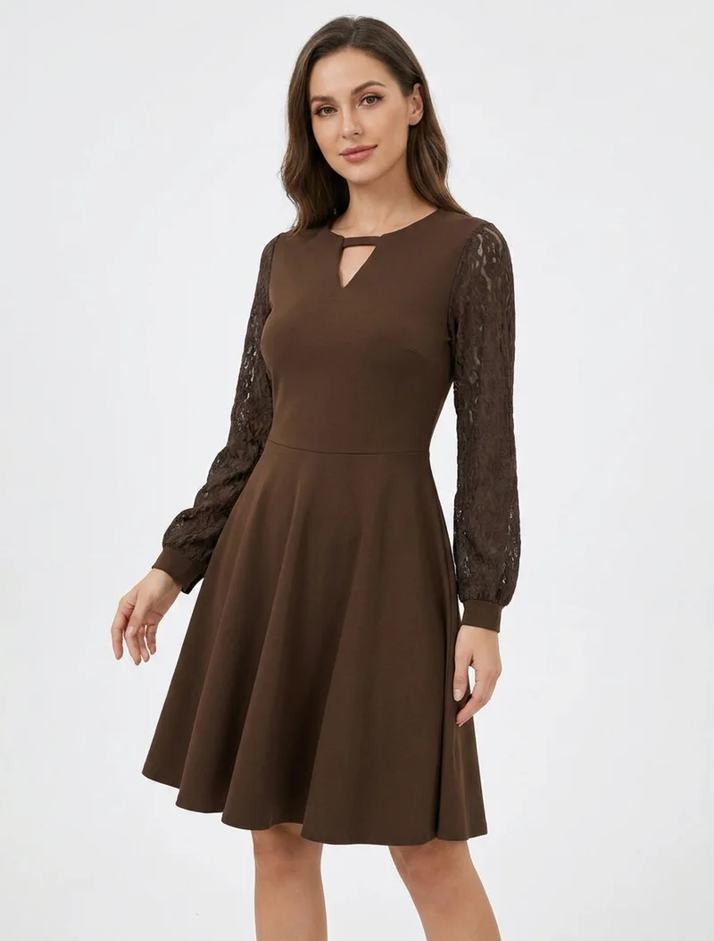 Robe patineuse à manches longues en dentelle - Marron