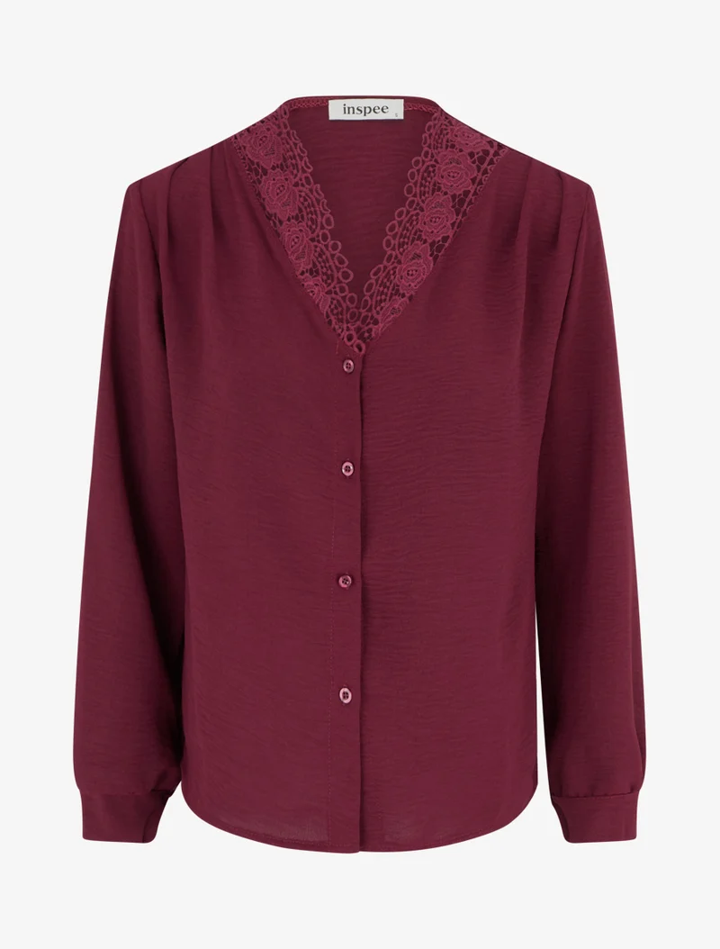 Blouse droite à col V en dentelle - Lie de vin