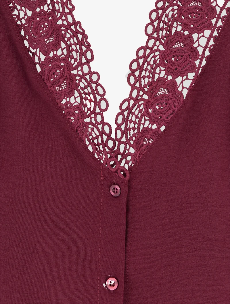 Blouse droite à col V en dentelle - Lie de vin