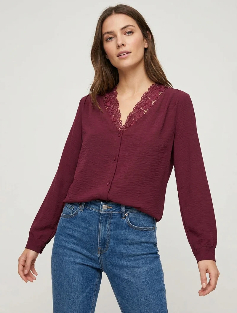 Blouse droite à col V en dentelle - Lie de vin