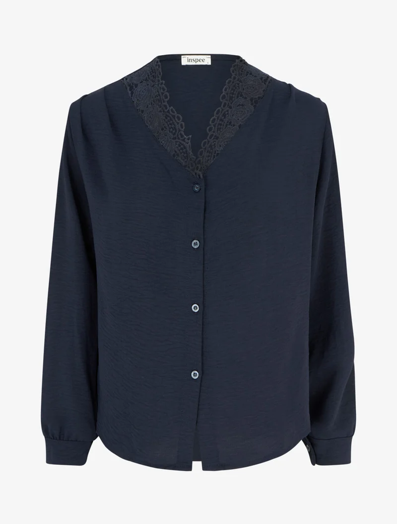 Blouse droite à col V en dentelle - Marine