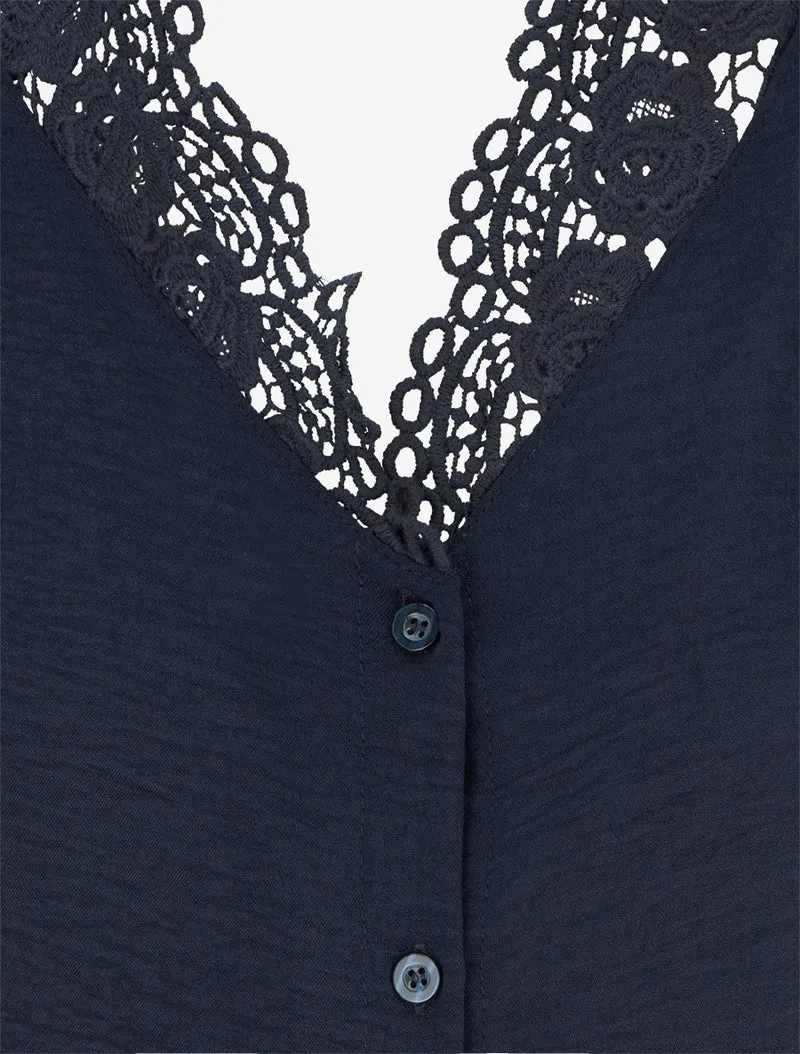 Blouse droite à col V en dentelle - Marine