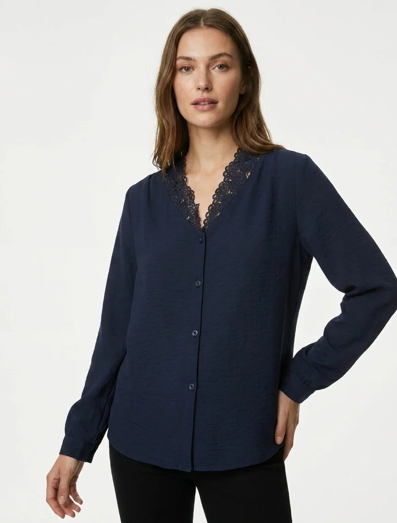 Blouse droite à col V en dentelle - Marine