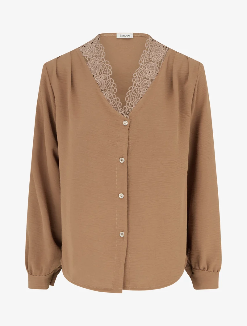 Blouse droite à col V en dentelle - Camel