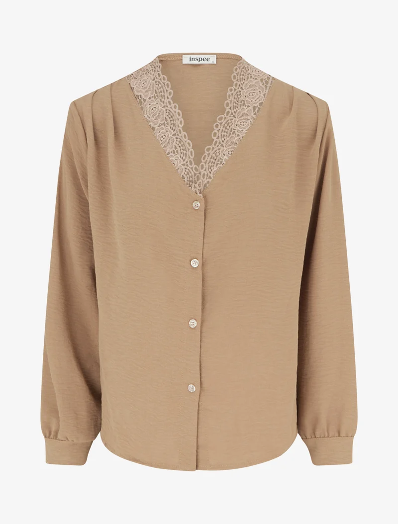 Blouse droite à col V en dentelle - Beige foncé
