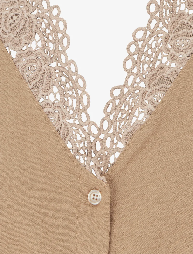 Blouse droite à col V en dentelle - Beige foncé