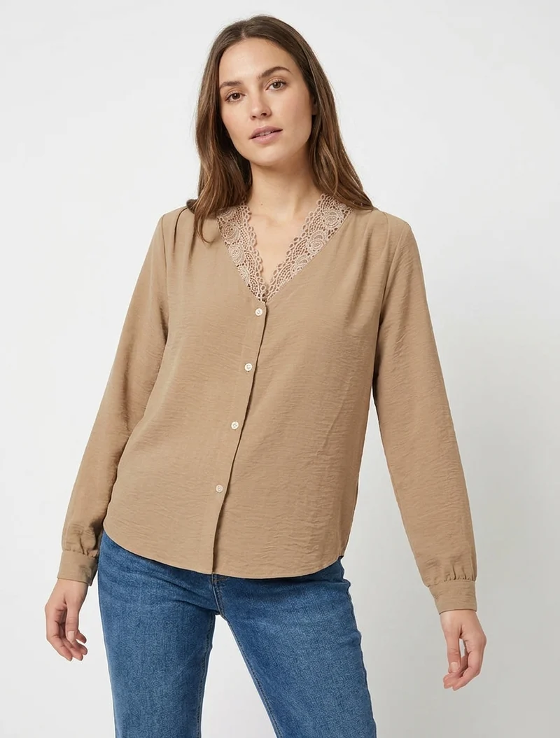 Blouse droite à col V en dentelle - Beige foncé