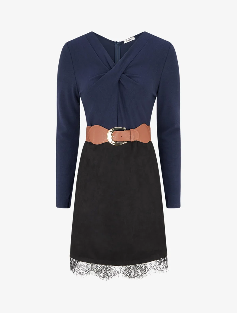 Robe droite en maille et suédine à bords en dentelle - Marine/noir