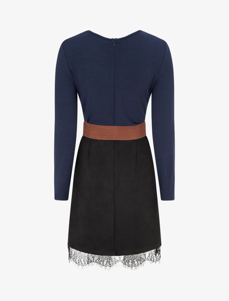 Robe droite en maille et suédine à bords en dentelle - Marine/noir
