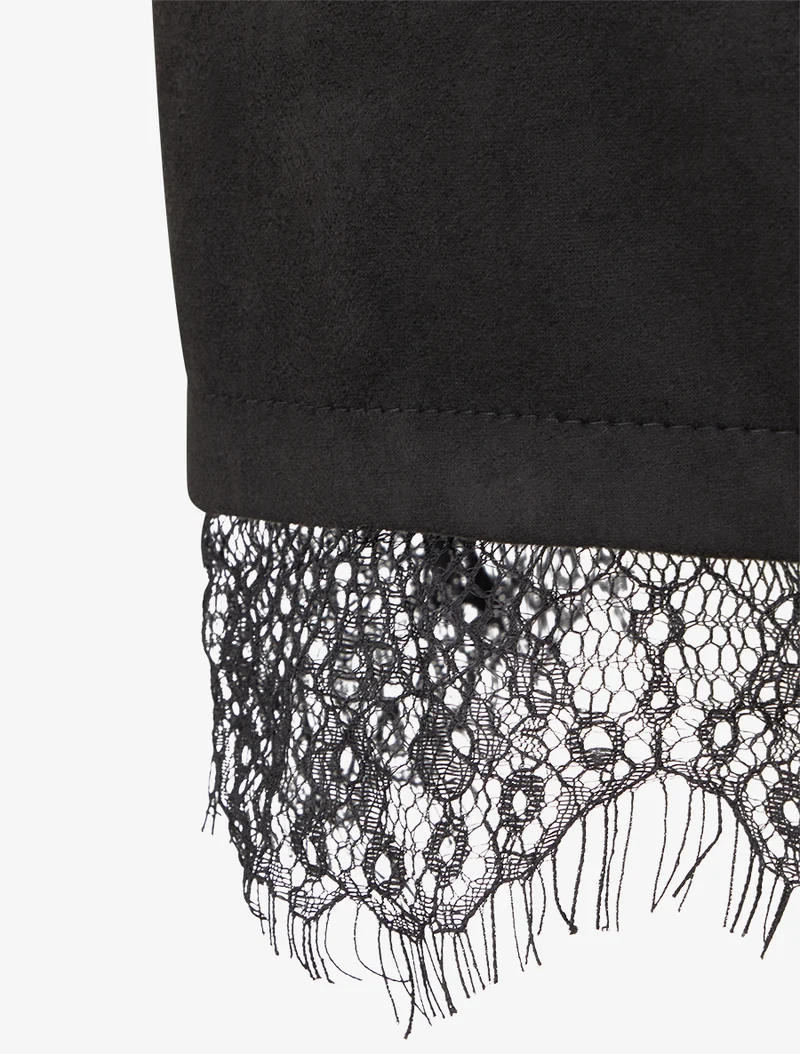 Robe droite en maille et suédine à bords en dentelle - Marine/noir