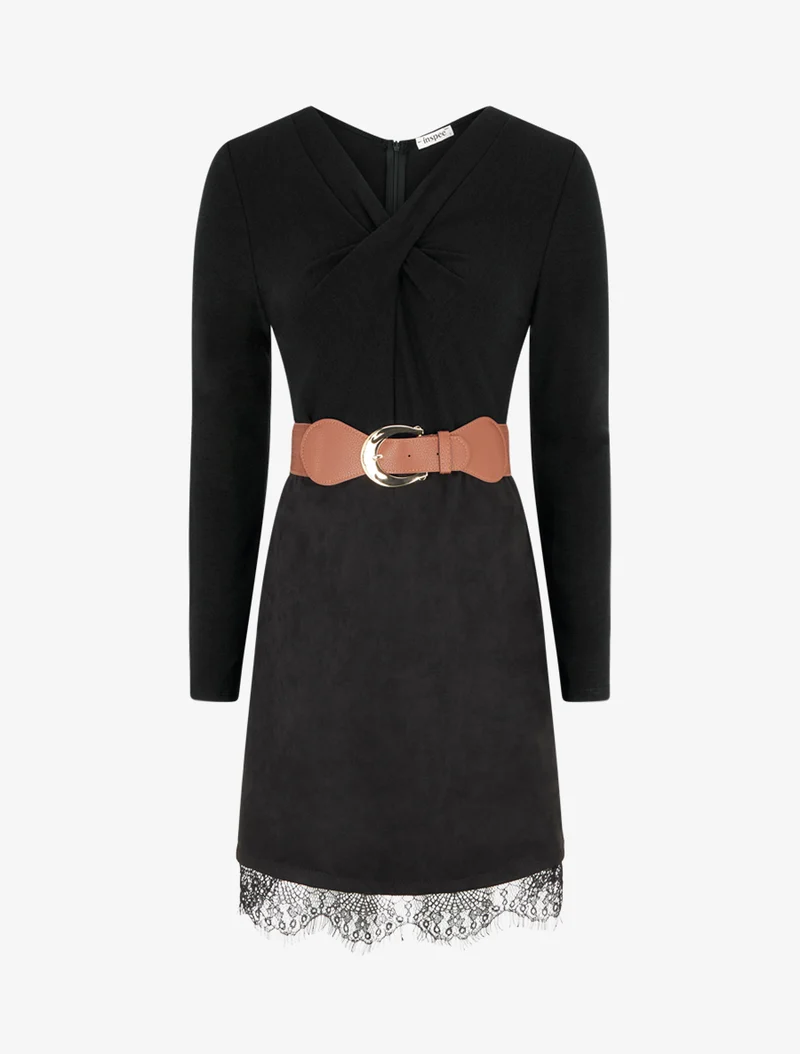 Robe droite en maille et suédine à bords en dentelle - Noir