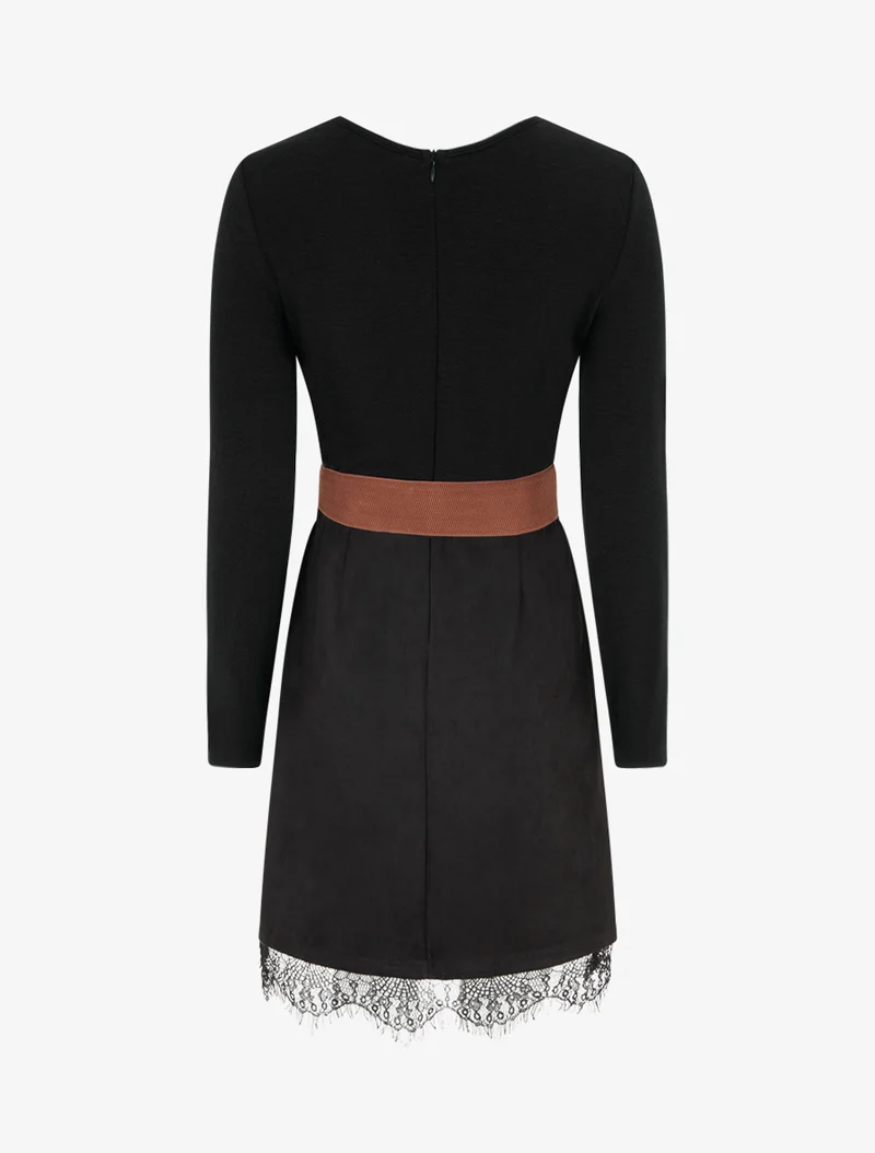 Robe droite en maille et suédine à bords en dentelle - Noir