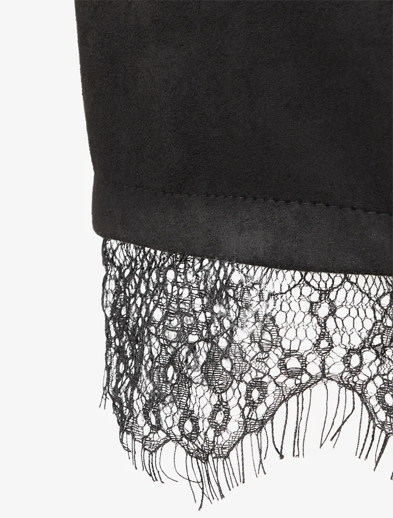Robe droite en maille et suédine à bords en dentelle - Noir