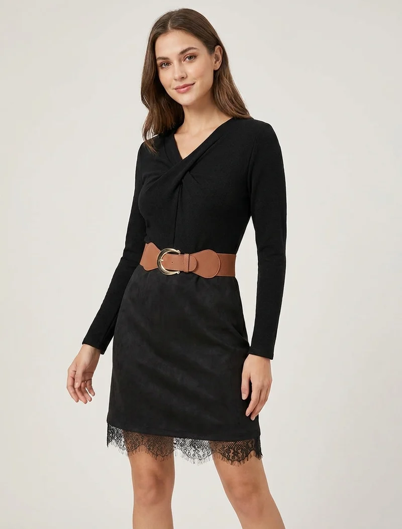 Robe droite en maille et suédine à bords en dentelle - Noir