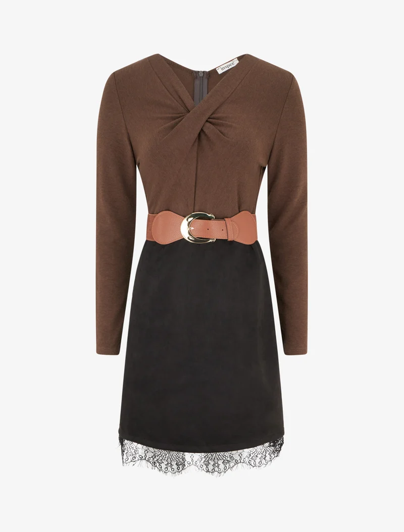 Robe droite en maille et suédine à bords en dentelle - Marron/noir